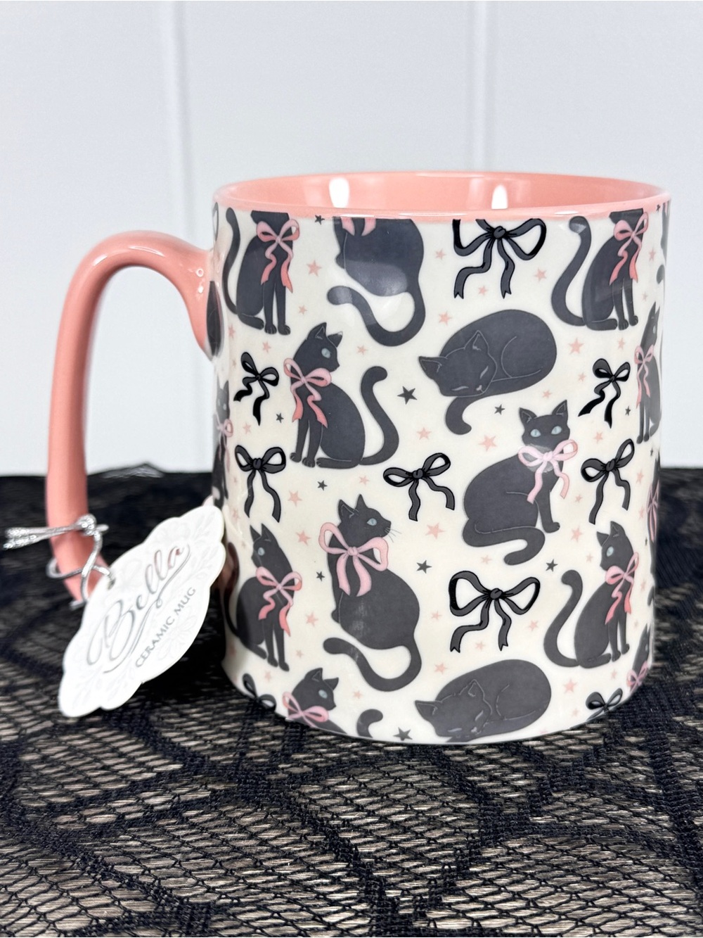 NEW 10 Strawberry Street Bows and Black Cats Halloween Mug